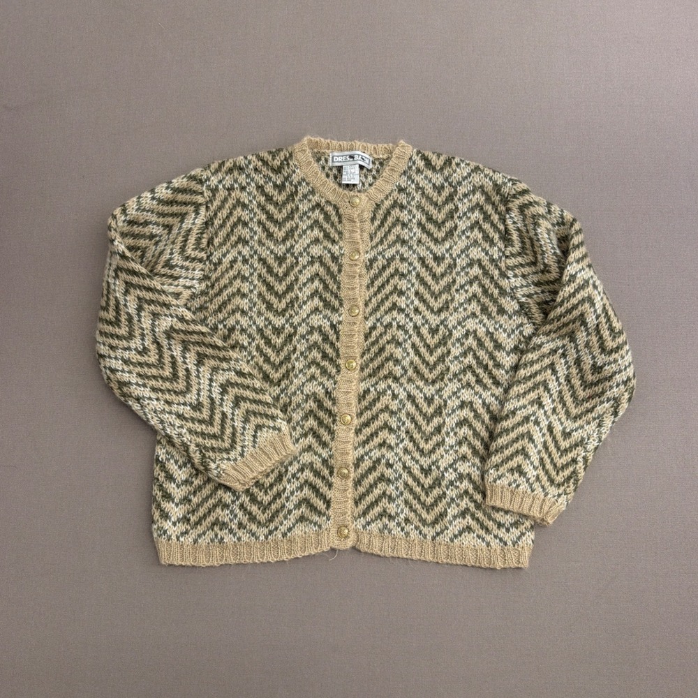 Vintage Dress Barn Mohair Blend Chevron Cardigan Sweater Green Tan Gold Button L